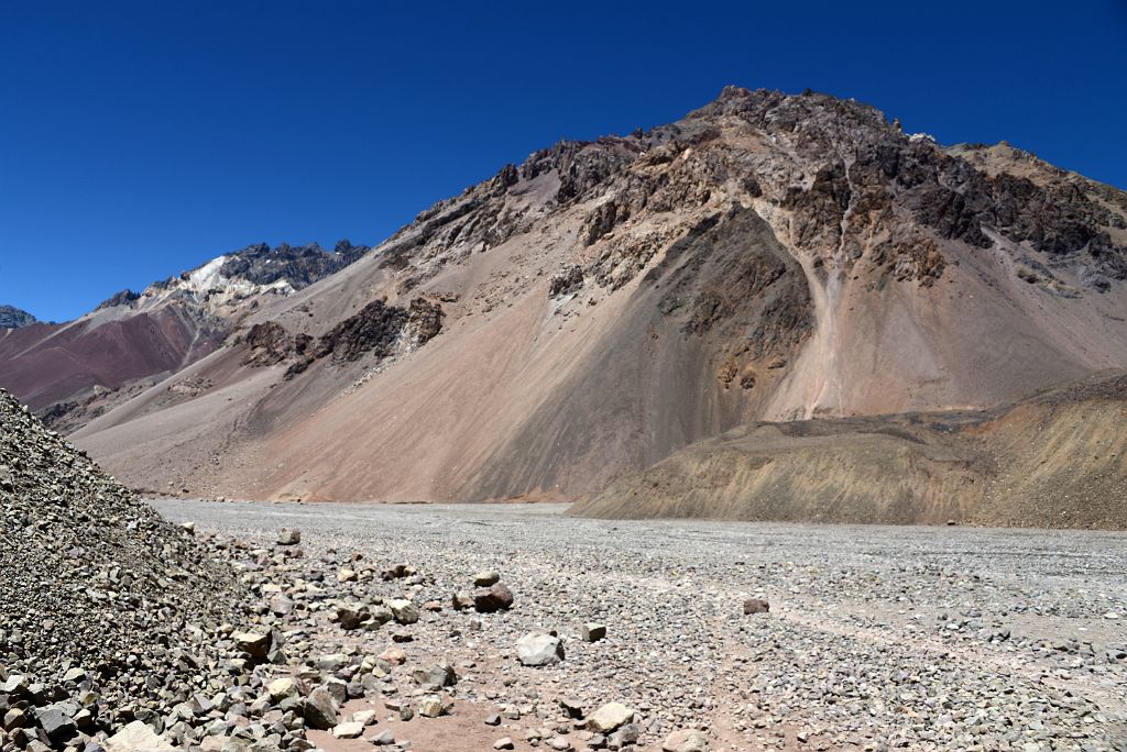 09 The Trail Starts Along The Flat Rough Riverbed 3790m Next To The Horcones River With The Old Cerro de los Dedos On The Descent From Plaza de Mulas To Confluencia